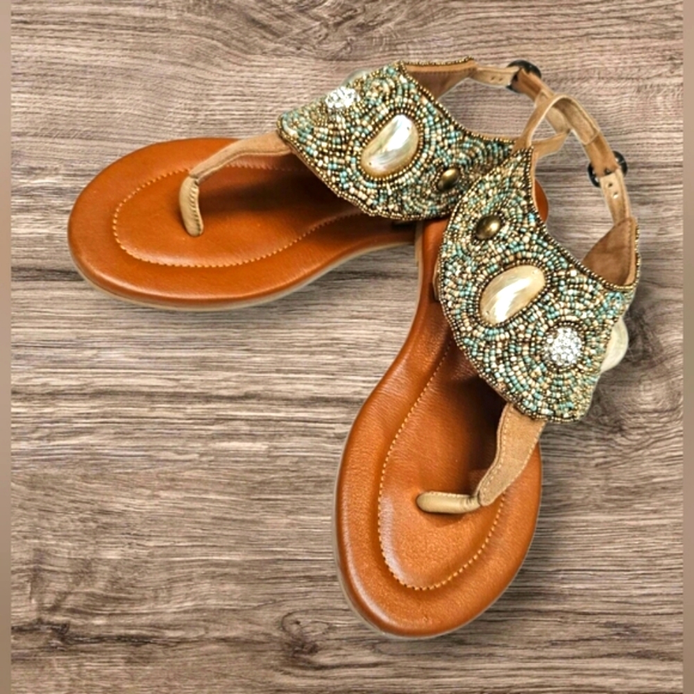 Skemo Luxury Bead Embroidered Tan Turquoise Ankle Strap Sandals Shell Details - Picture 2 of 13